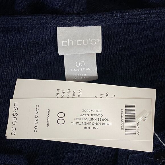 New Chico's Embroidered Long-Line Linen Knit Tunic Women's Size XS (Chico's 00) - Picture 5 of 8